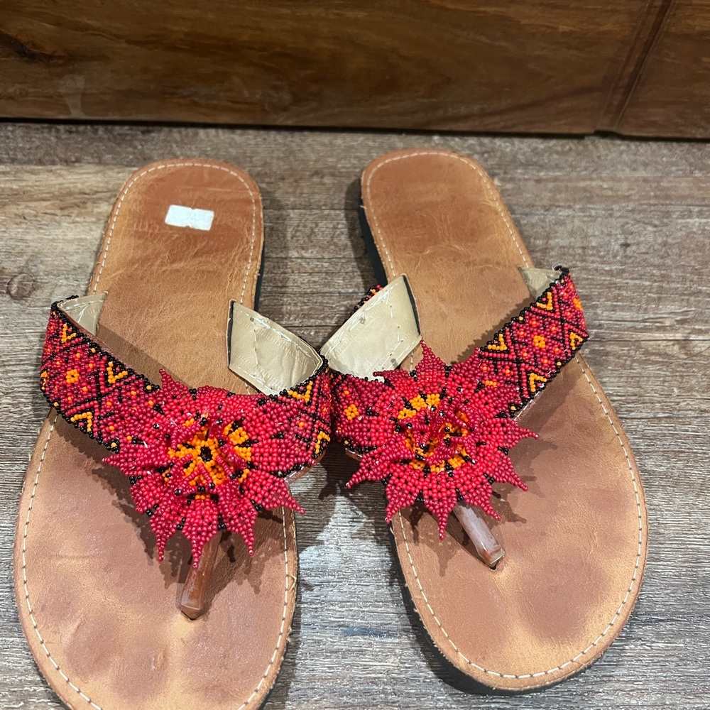 Handcrafted Beaded Red Sandals - image 1